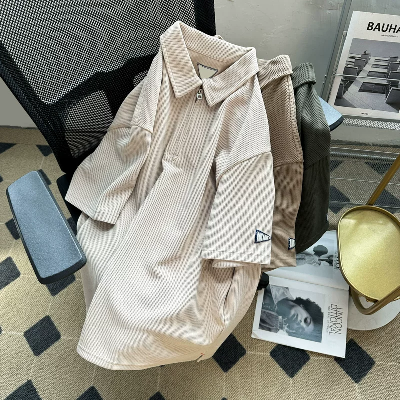 Áo polo waffle dày dặn dành cho nam, áo thun tay ngắn cổ trụ thời trang mùa hè, kiểu dáng rộng rãi thoải mái phong cách retro Mỹ, tay áo lửng.