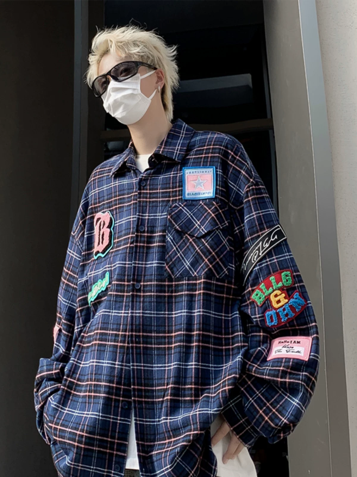 Áo sơ mi kẻ sọc thời trang kiểu Mỹ dành cho nam, áo sơ mi dài tay thêu họa tiết, áo khoác thường ngày dáng rộng cho cặp đôi mùa thu.