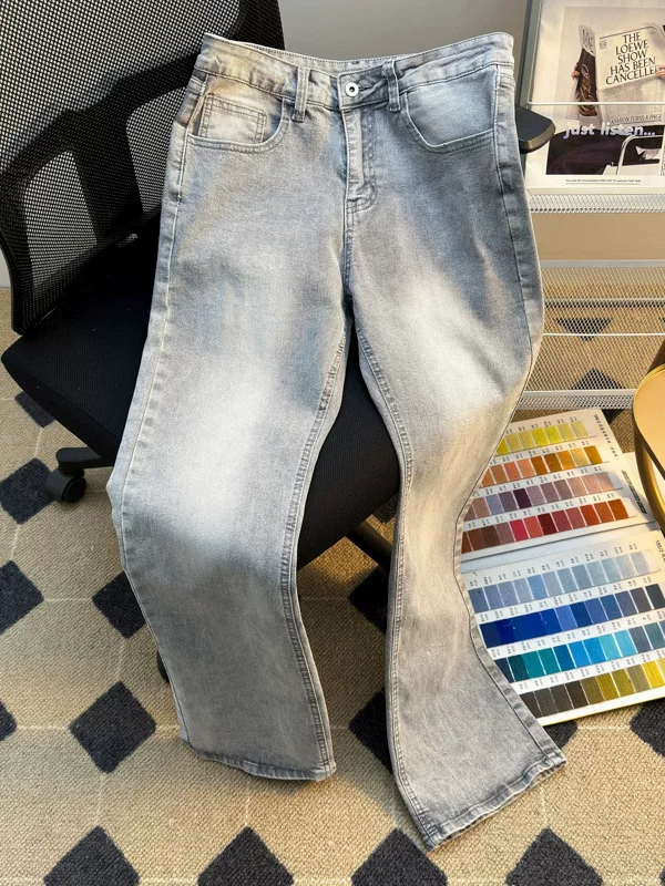 Quần jeans màu xám khói đã qua xử lý giặt mềm dành cho nam, phong cách Mỹ, thương hiệu thời thượng, quần ống rộng dáng thẳng, quần ống loe rộng thoải mái, cá tính.