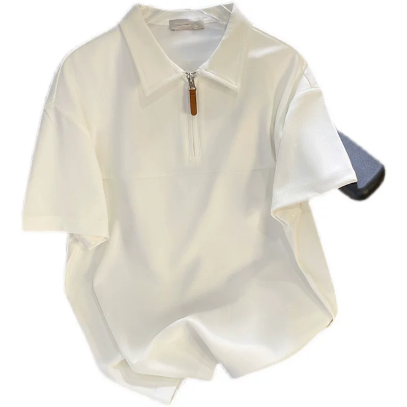 Áo polo nửa khóa kéo dành cho nam, phong cách Nhật Bản, cổ bẻ đơn giản, áo thun ngắn tay, trang phục nửa tay ngắn đa năng hợp thời trang mùa hè.