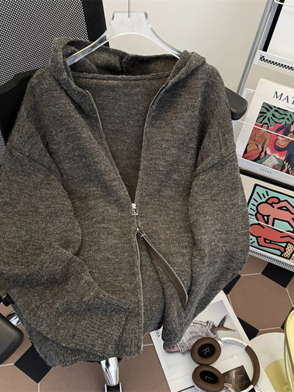 Áo len cardigan có khóa kéo đôi dành cho nam và nữ, áo len có mũ trùm đầu phong cách lười biếng, áo khoác len kiểu Mỹ rộng rãi hợp thời trang mùa thu đông.