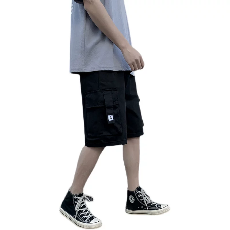 Quần short học sinh kiểu Nhật dành cho nam, quần dài vừa ống đứng nhiều túi hợp thời trang mùa hè, quần short ống rộng đa năng.