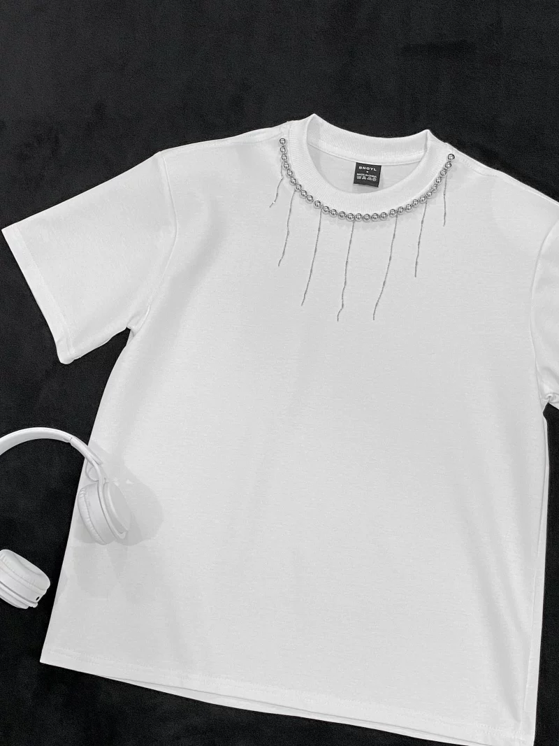 Áo thun nam tay ngắn kiểu Mỹ, áo thun cổ tròn tay lửng dáng rộng mùa hè, áo thun thương hiệu thời thượng đính hạt, áo thun cơ bản cao cấp.