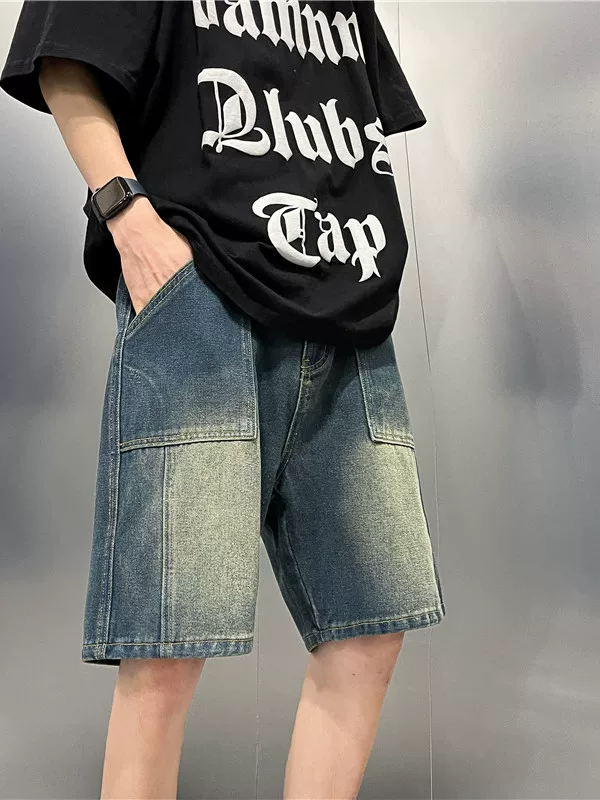 Quần short denim kiểu Nhật dành cho nam, quần dài vừa phải dáng rộng mùa hè, quần áo ngoài thương hiệu thời trang đa năng, quần năm phần.