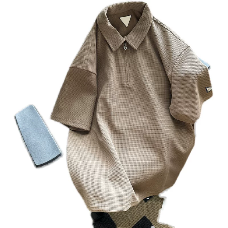 Áo polo waffle dày dặn dành cho nam, áo thun tay ngắn cổ trụ thời trang mùa hè, kiểu dáng rộng rãi thoải mái phong cách retro Mỹ, tay áo lửng.