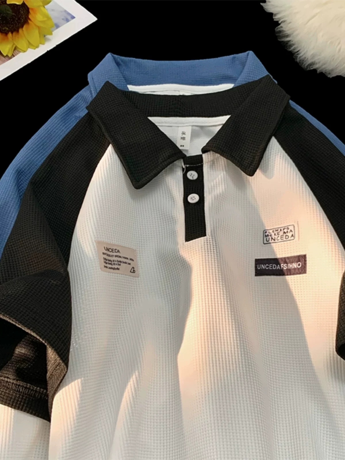 Áo polo tay raglan phối màu cho nam, áo thun ngắn tay vải waffle hợp thời trang mùa hè, áo đôi rộng rãi phong cách Mỹ Hồng Kông.