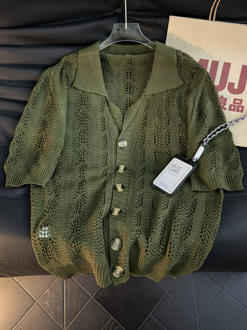 Áo sơ mi dệt kim ngắn tay thoáng khí mùa hè dành cho nam, áo cardigan dáng rộng thương hiệu thời thượng, áo thun nửa tay phong cách Mỹ.