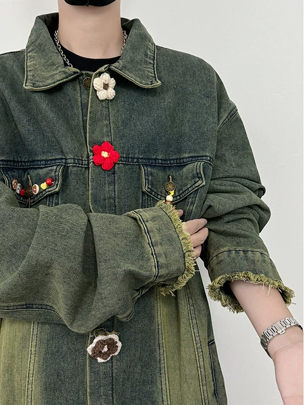 Áo khoác denim thêu hoa ba chiều dành cho nam, áo khoác công sở thời trang xuân thu mới, áo kiểu Mỹ viền tua rua cá tính.