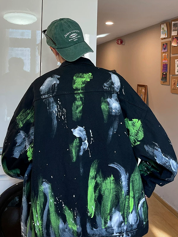Áo khoác denim tie-dye phong cách graffiti dành cho nam, áo khoác thời trang xuân thu, áo khoác kiểu Hồng Kông BF rộng rãi, phong cách đường phố retro, áo khoác công sở.
