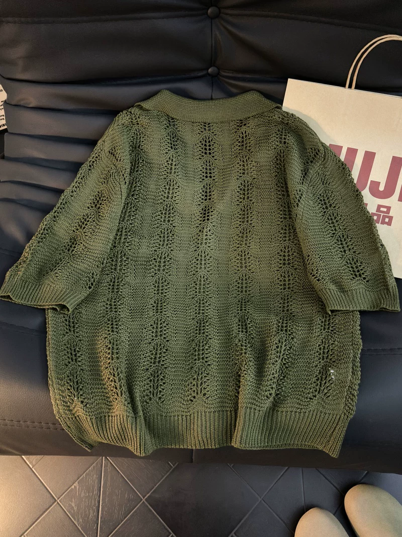 Áo sơ mi dệt kim ngắn tay thoáng khí mùa hè dành cho nam, áo cardigan dáng rộng thương hiệu thời thượng, áo thun nửa tay phong cách Mỹ.