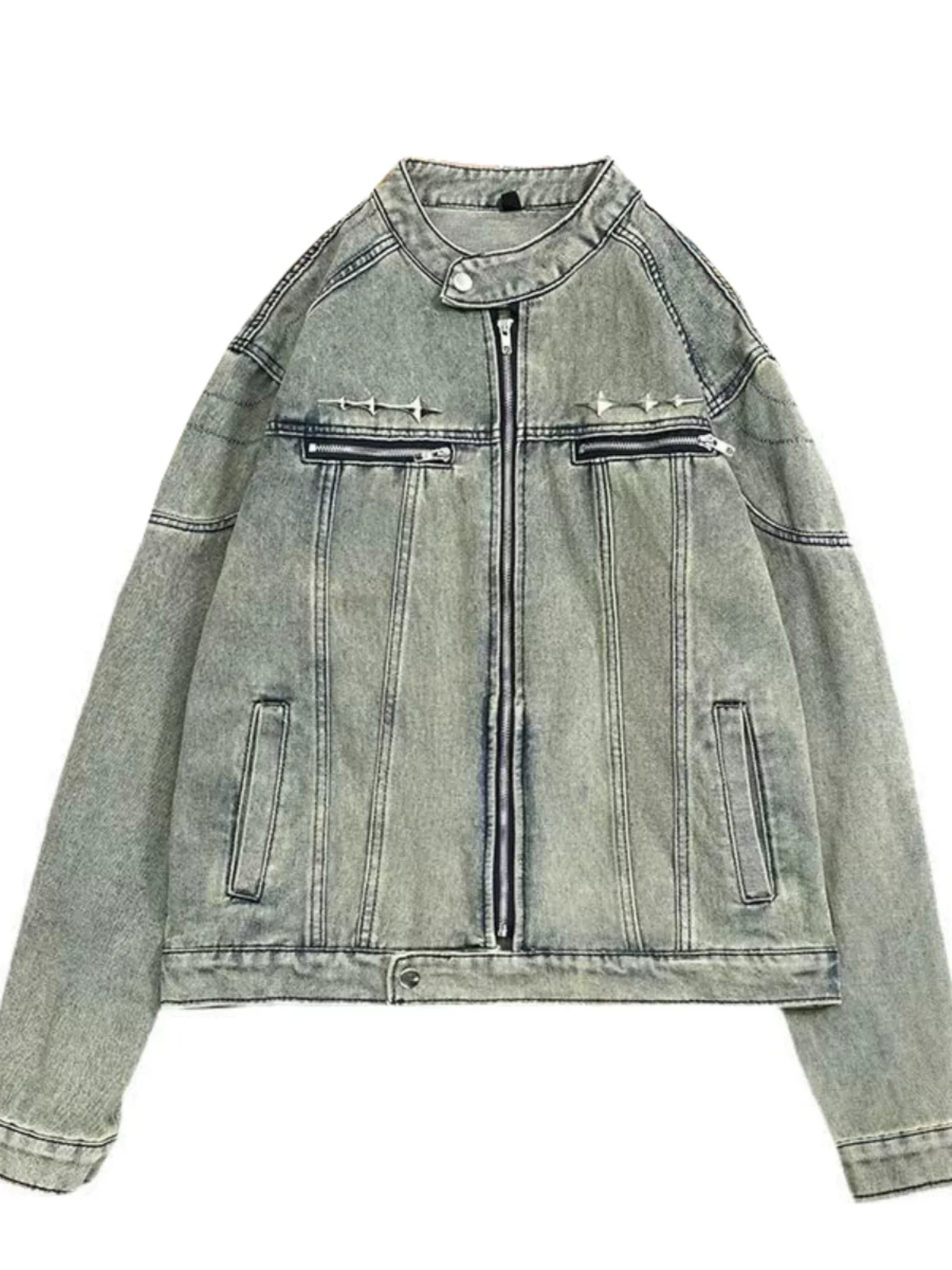 Áo khoác denim rách có đệm vai dành cho nam, mùa xuân thu, áo kiểu dáng rộng hợp thời trang, áo khoác công sở ngắn kiểu Mỹ cleanfit.