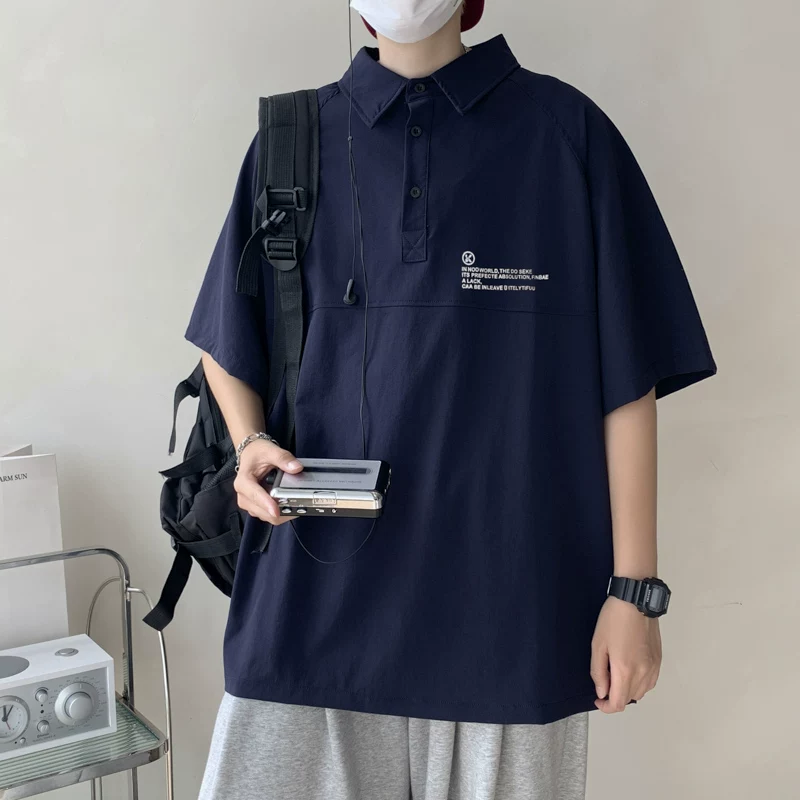 Áo thun ngắn tay phong cách retro Mỹ dành cho nam, áo polo công sở dáng rộng hợp thời trang mùa hè, áo thun tay lửng cá tính, thoải mái.