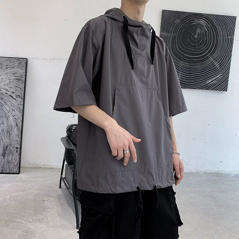 Áo sơ mi nam màu trơn phong cách Harajuku, áo có mũ thời trang Hàn Quốc mùa hè, áo sơ mi ngắn tay dáng rộng thương hiệu thời thượng.