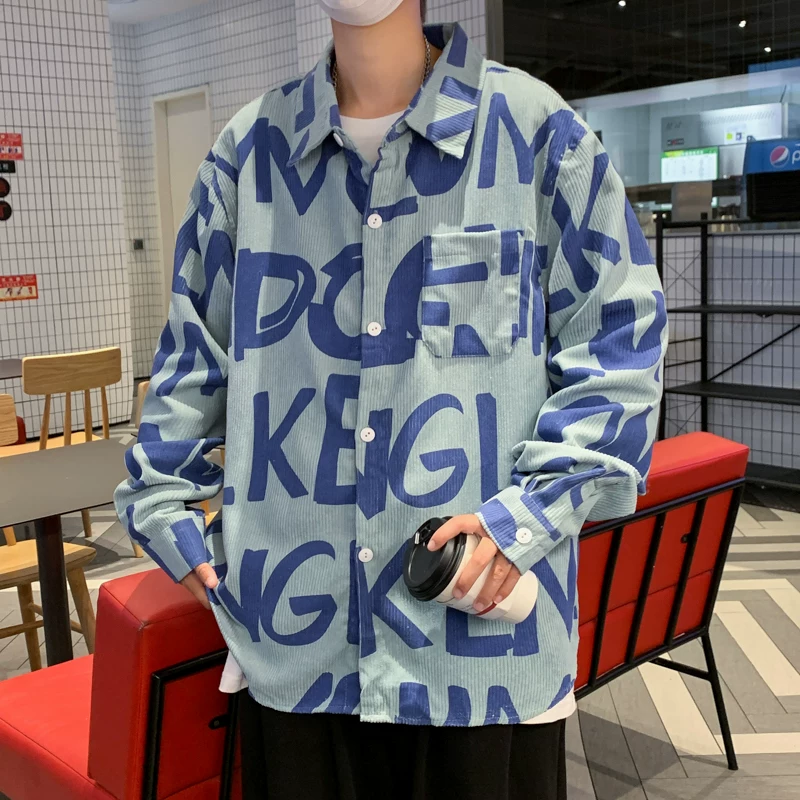 Áo sơ mi dài tay bằng vải nhung kẻ cho nam, thương hiệu thời trang đường phố sành điệu, áo sơ mi in họa tiết rộng rãi, áo khoác cặp đôi phong cách Hồng Kông mùa xuân thu