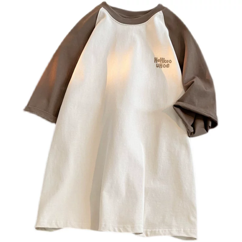 Áo thun nam tay ngắn chất liệu cotton nguyên chất, kiểu Mỹ, phối màu, tay raglan, dáng rộng, thời trang, thương hiệu nổi tiếng, áo đôi đa năng, tay lửng.