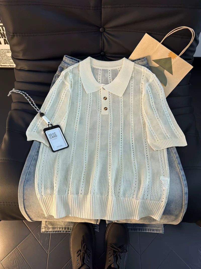 Áo polo dệt kim kiểu Mỹ cổ điển dành cho nam, áo thun tay ngắn thoáng khí mùa hè, áo thun cơ bản rộng rãi thời trang, phong cách casual.