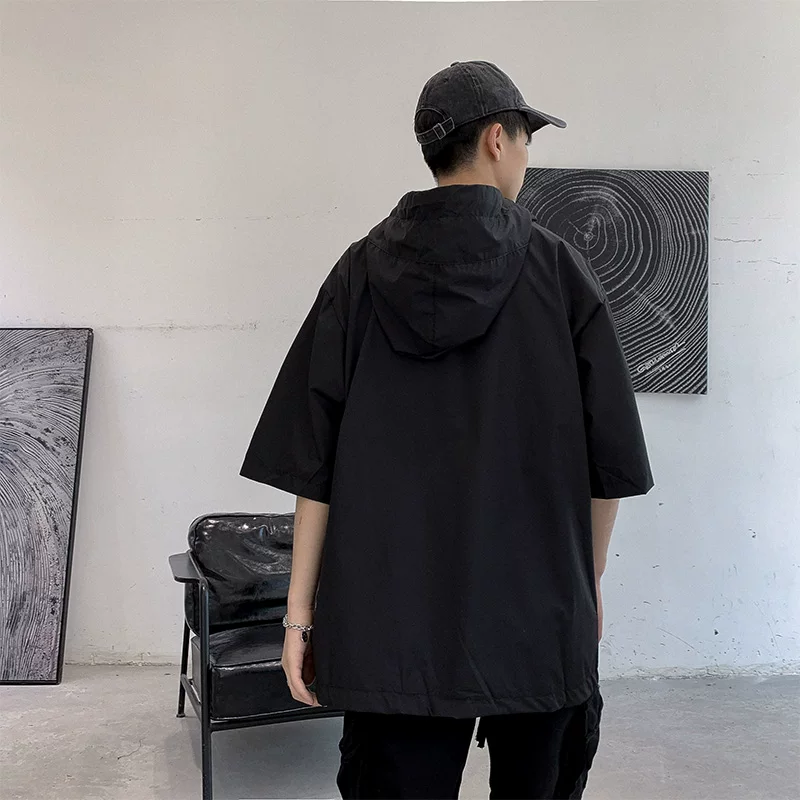 Áo sơ mi nam màu trơn phong cách Harajuku, áo có mũ thời trang Hàn Quốc mùa hè, áo sơ mi ngắn tay dáng rộng thương hiệu thời thượng.