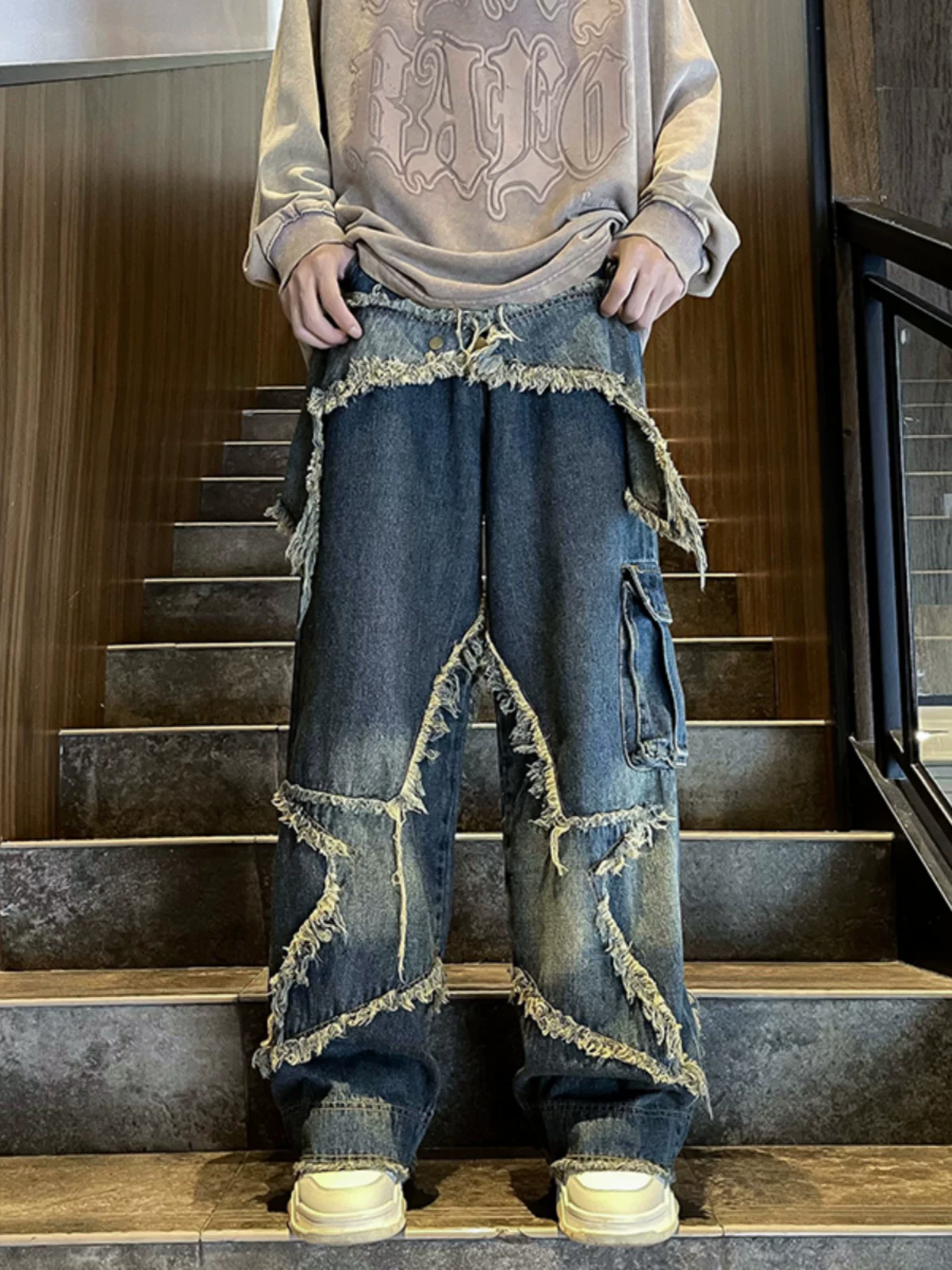 Quần jean thiết kế hình ngôi sao dành cho nam, quần hip-hop phong cách đường phố Mỹ, quần dài ống rộng dáng rộng hợp thời trang mùa xuân thu.