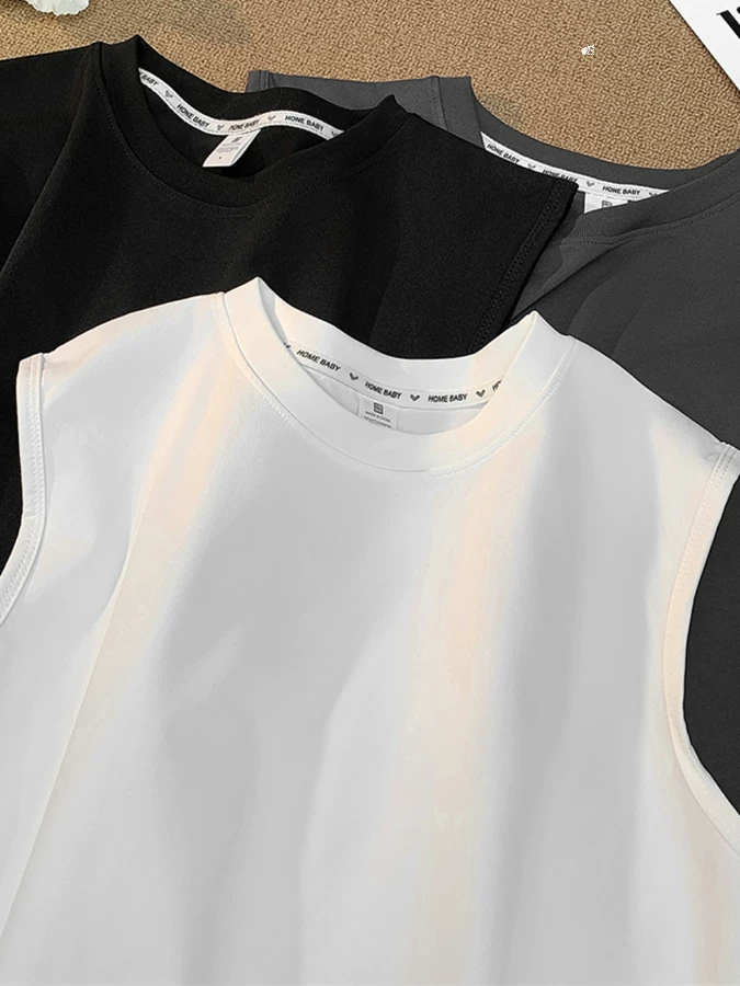 Áo vest cổ tròn màu trơn dành cho nam, áo không tay đơn giản đa năng mùa hè dành cho cặp đôi, áo thun không tay dáng rộng phong cách Nhật Bản hợp thời trang.