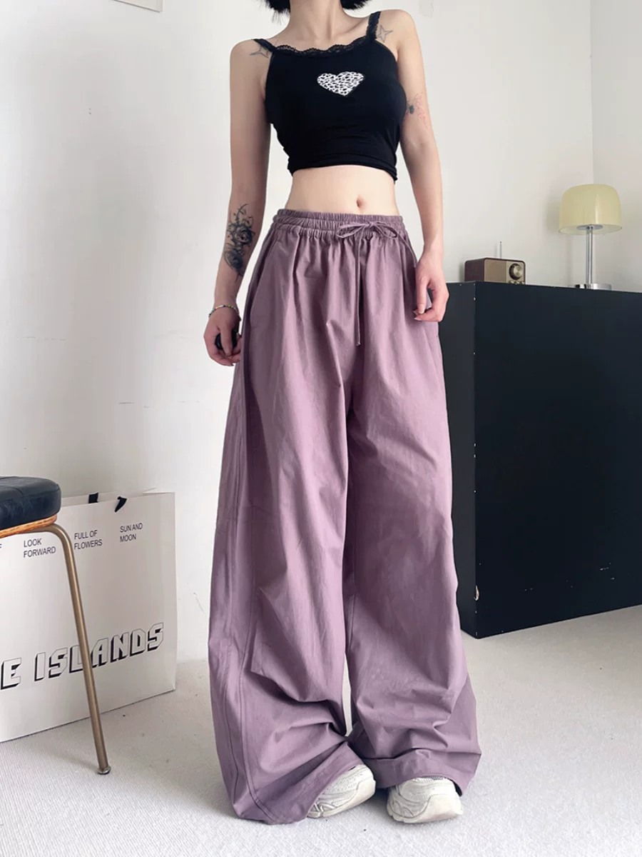 Quần công sở phong cách hip-hop kiểu Mỹ dành cho nam, mùa xuân hè, quần dù cặp đôi thương hiệu thời thượng, quần thể thao ống rộng dài chạm sàn.