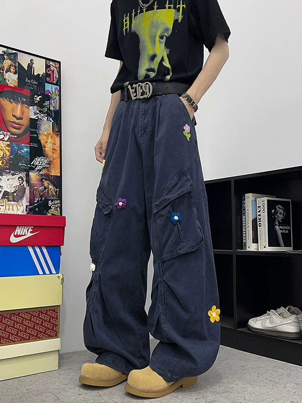 Quần jean nam thêu hoa có túi lớn, quần lính dù ống đứng phong cách retro Mỹ, quần công sở ống rộng thời thượng, quần thường ngày.