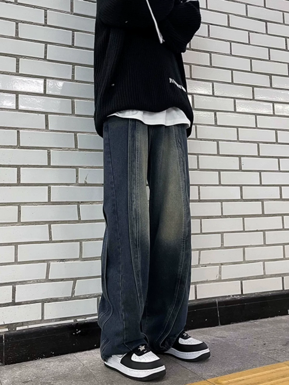 Quần jeans nam may vá nhiều lớp, kiểu dáng cũ kỹ, phong cách hip-hop Mỹ mùa thu, quần ống rộng thoải mái, hợp thời trang.