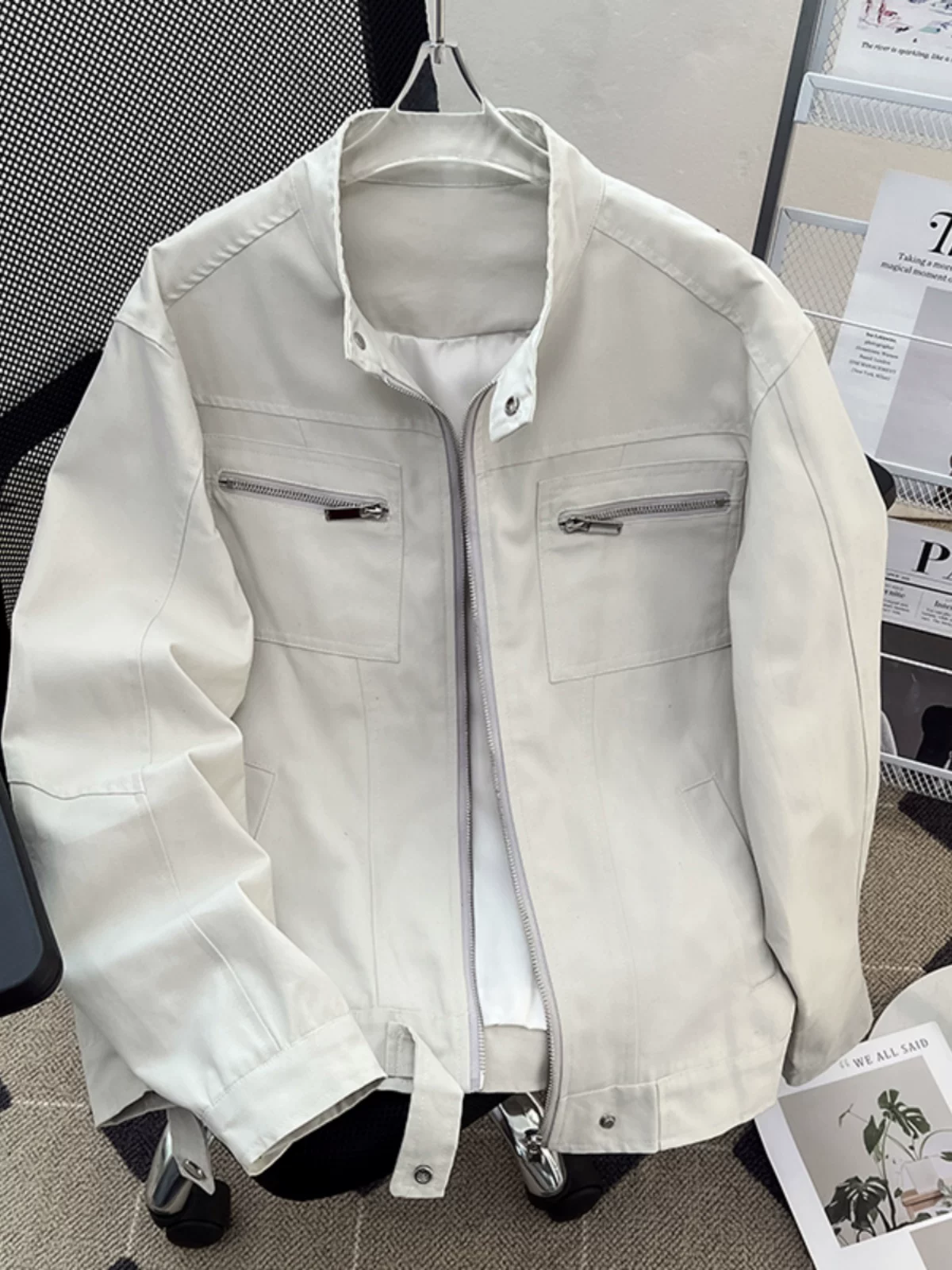 Áo khoác công sở cleanfit mùa xuân thu dành cho nam, áo khoác Harrington kiểu Mỹ cổ điển, áo cổ đứng dáng rộng, thương hiệu thời thượng.