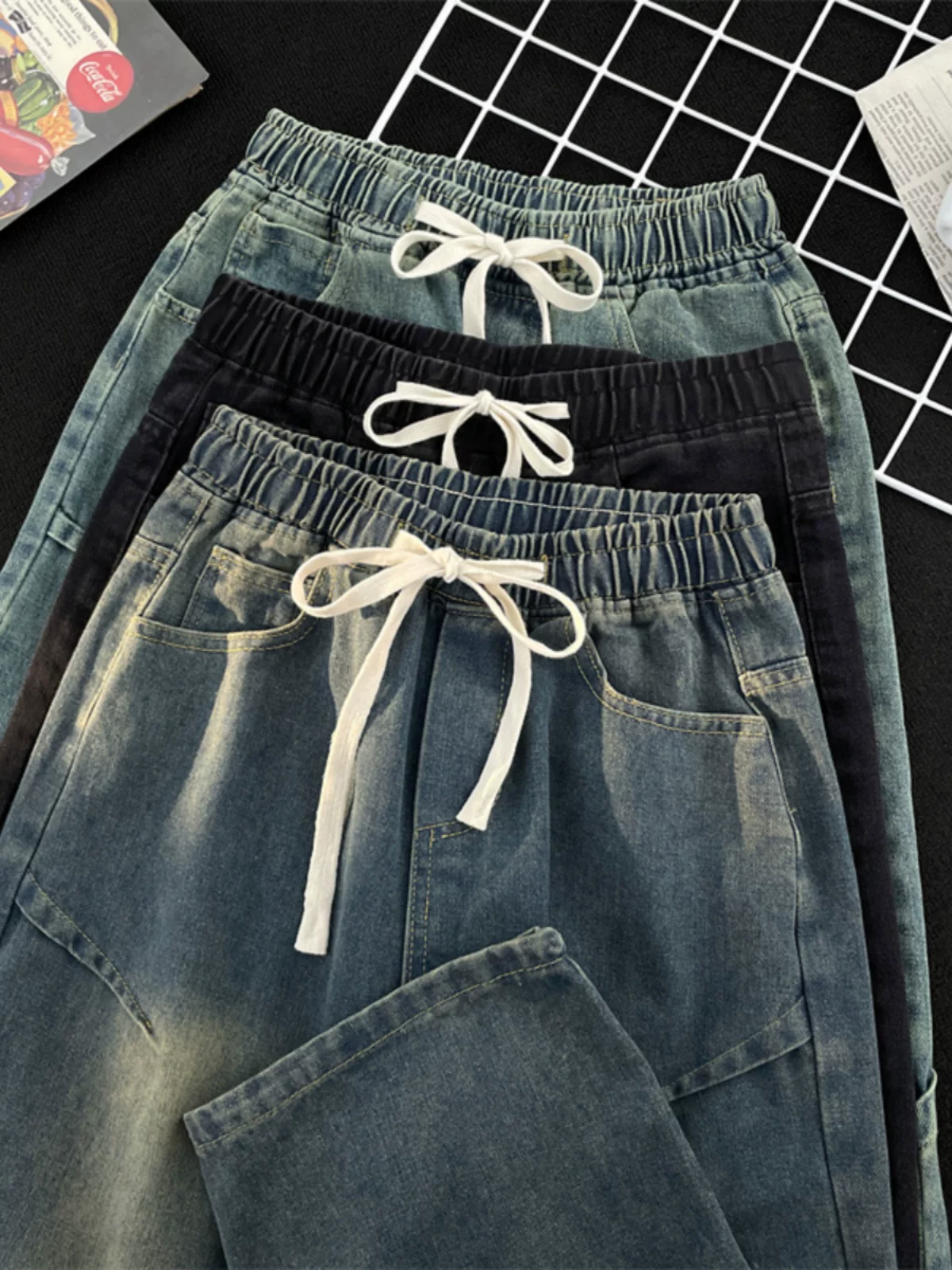 Quần jeans nam phong cách Mỹ mùa thu đông, quần dài ống rộng dáng suông đa năng, chất liệu vintage, có dây rút, thương hiệu thời thượng.