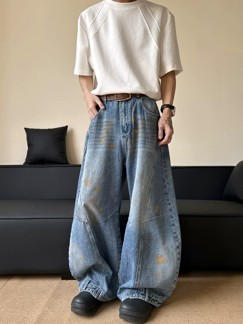 Quần jeans kiểu dáng dirty dye cao cấp dành cho nam và nữ, quần ống rộng kiểu Mỹ bền chắc, quần dài chạm đất phong cách retro thời thượng.