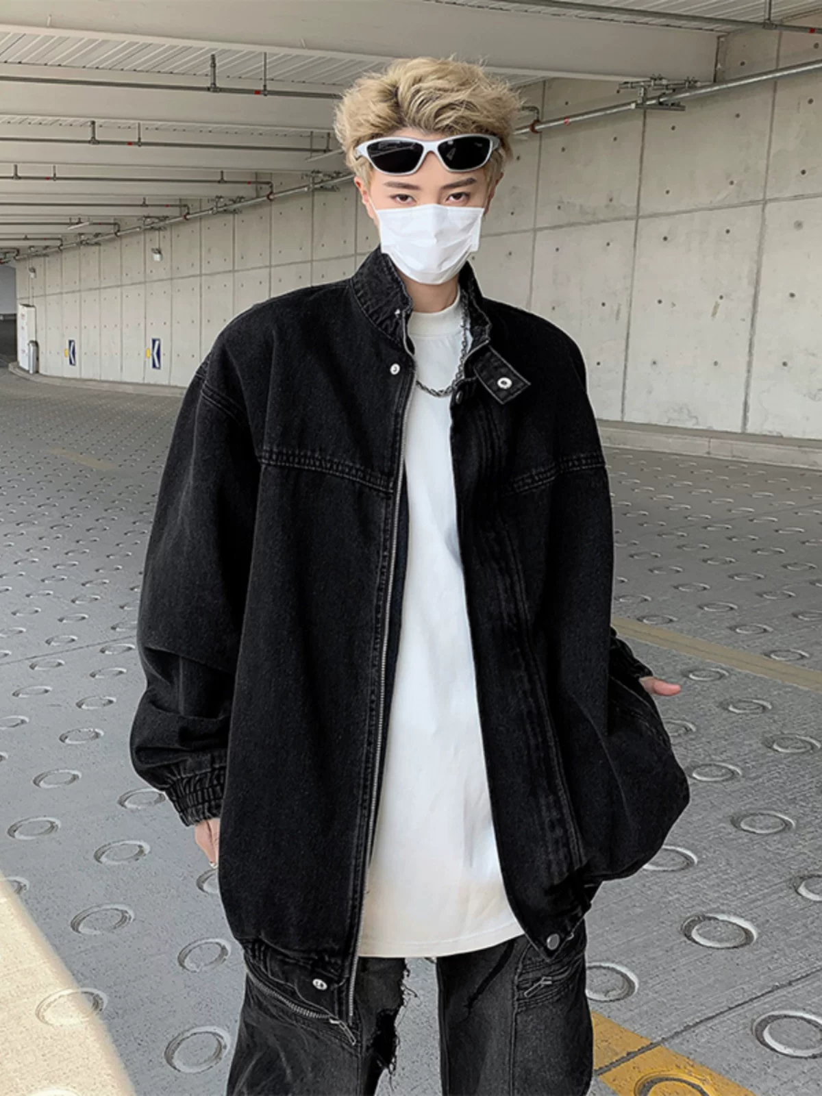 Áo khoác denim cổ điển Mỹ dành cho nam, dáng rộng, cổ đứng, kiểu giặt mài, áo khoác thời trang mùa xuân thu.