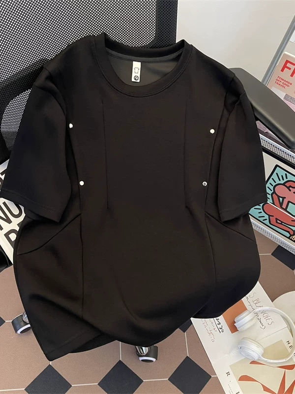 Áo thun nam thiết kế đinh tán phá cách, áo thun tay ngắn chất liệu dày dặn, thời trang, kiểu dáng Mỹ, áo đôi mùa hè, tay lửng.