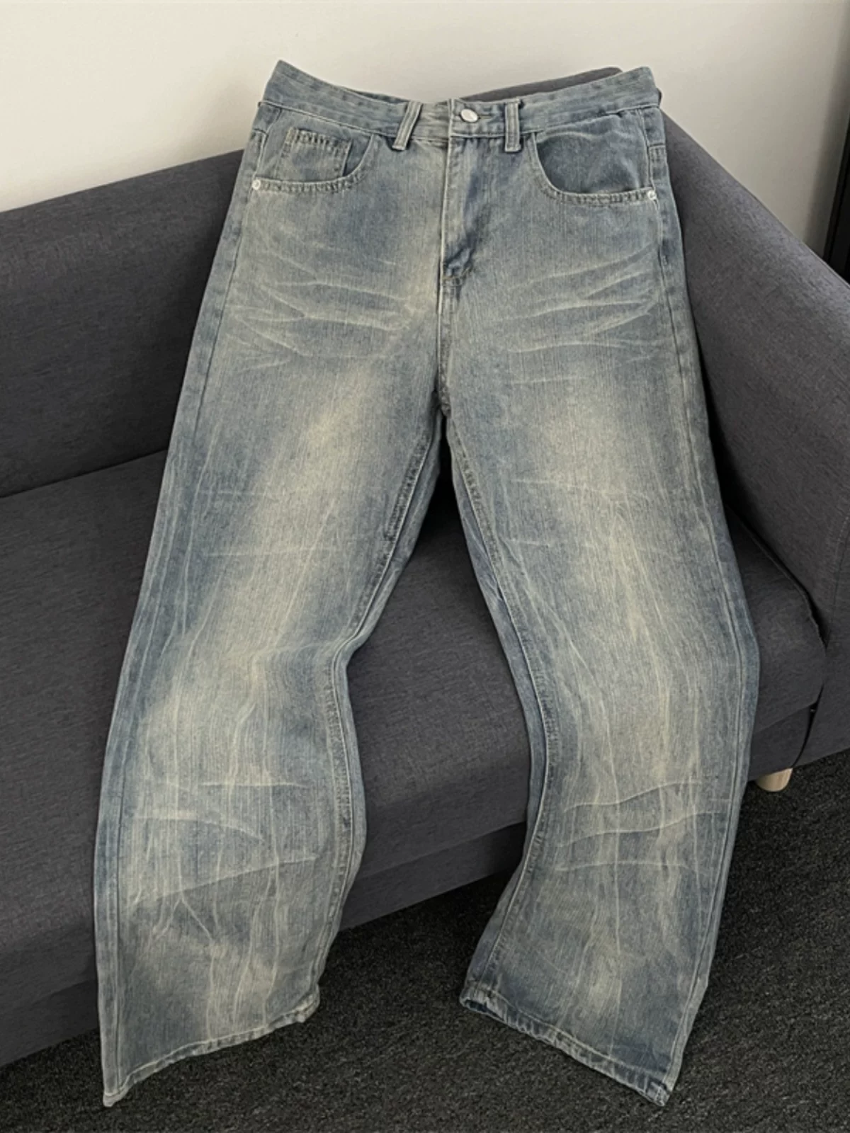 Quần jeans chất liệu tre đã qua xử lý dành cho nam, quần phong cách Mỹ cổ điển mùa xuân thu, quần dài ống rộng dáng suông thời thượng.