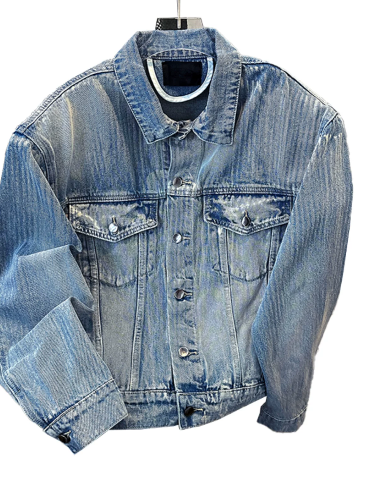 Áo khoác denim ngắn có đệm vai dành cho nam, áo khoác ngoài kiểu Mỹ thời thượng mùa xuân thu, áo khoác ngoài dáng rộng, chất liệu washed.