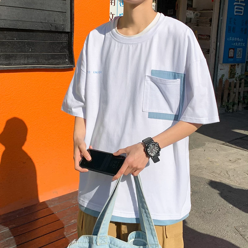 Áo thun giả hai mảnh phong cách Hồng Kông dành cho nam, tay ngắn, xu hướng mùa hè, phiên bản Hàn Quốc, kiểu dáng rộng rãi, áo tay lửng.