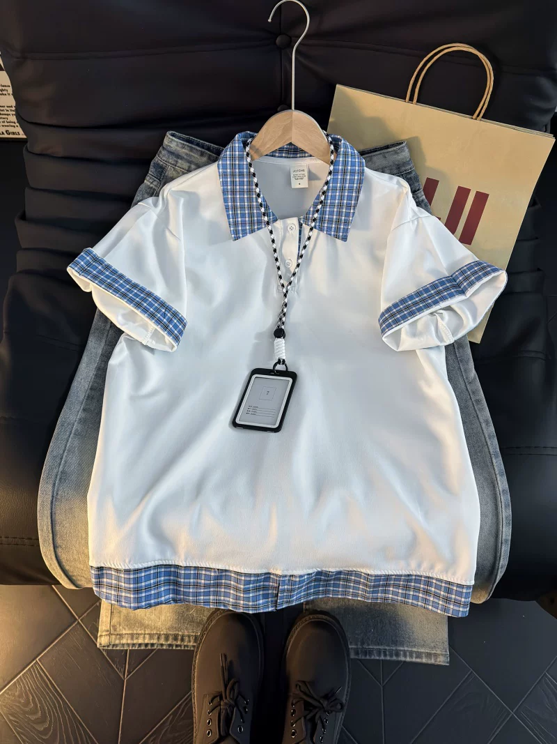 Áo Polo giả hai mảnh kiểu Mỹ dành cho nam, áo thun nửa tay kẻ sọc mùa hè, áo thun cặp đôi dáng rộng hợp thời trang.