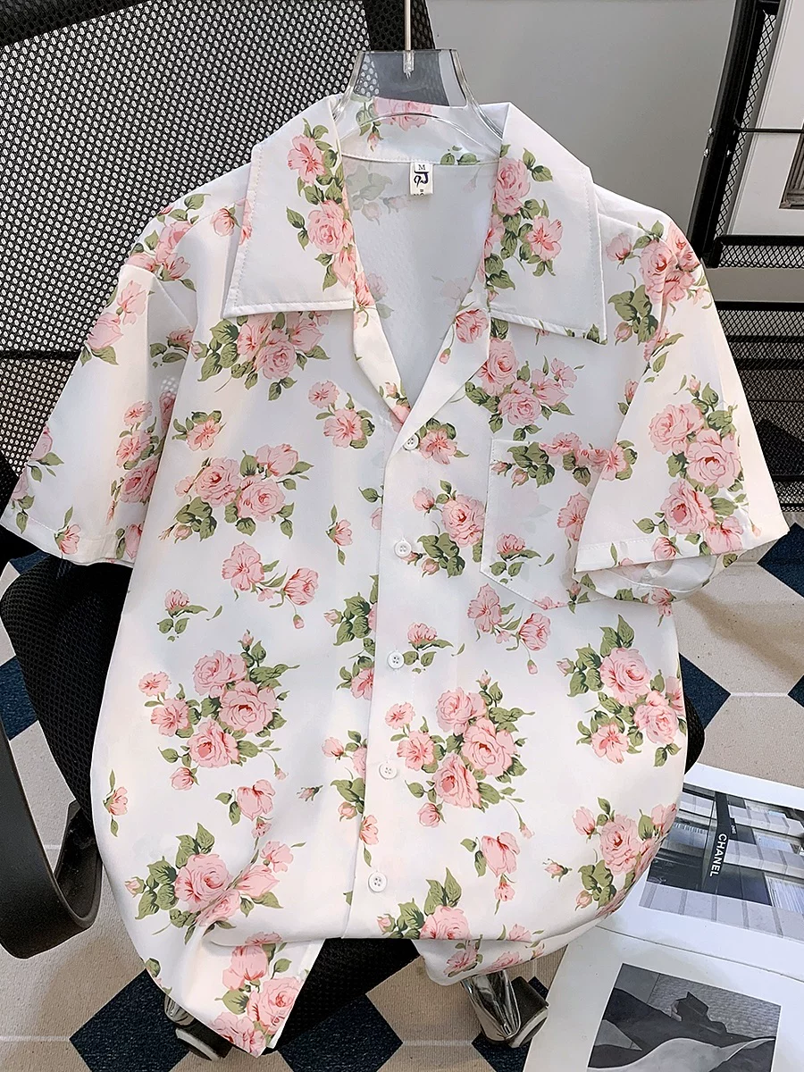 Áo sơ mi in họa tiết thời trang kiểu Nhật dành cho nam, áo sơ mi ngắn tay mùa hè, áo đôi chất liệu lụa đá Hawaii.