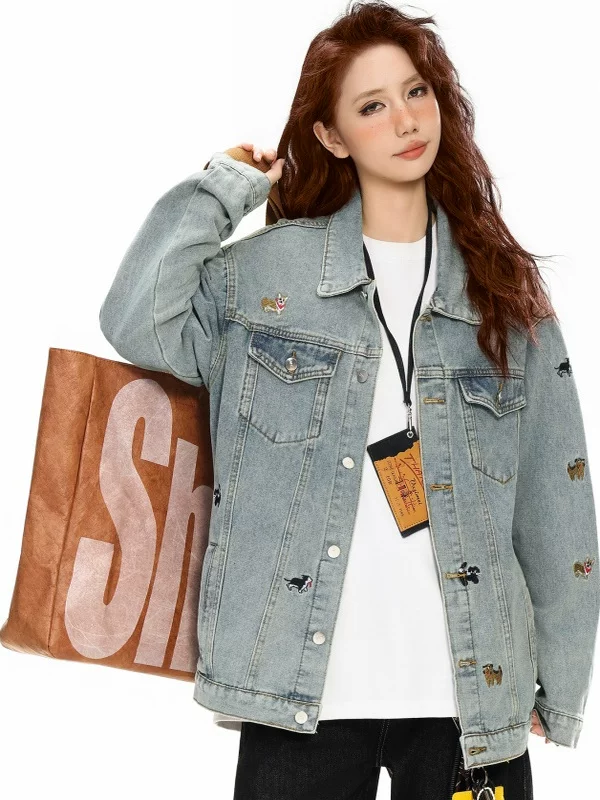 Áo khoác denim thêu hình chó con dành cho nam và nữ, áo khoác thường ngày phong cách mùa thu hợp thời trang, áo kiểu Mỹ dáng rộng cổ bẻ.