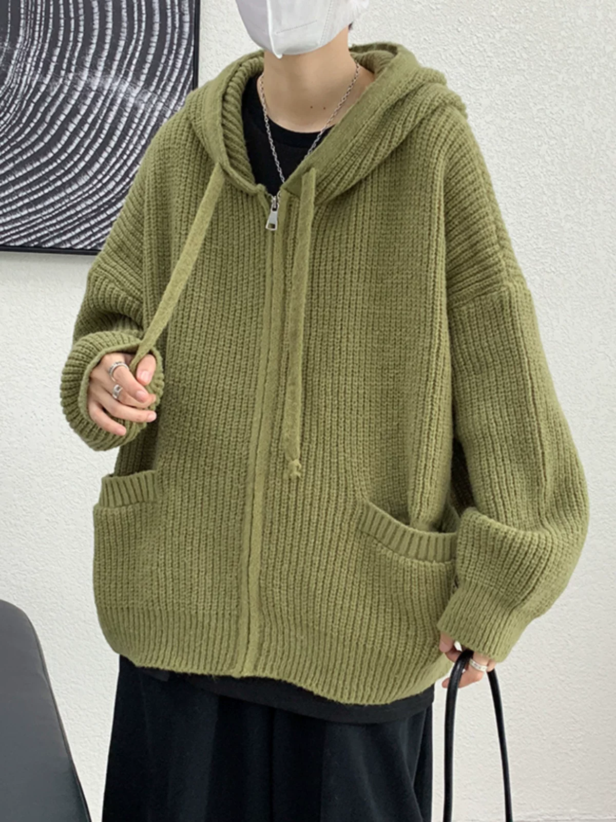 Áo len cardigan phong cách lười biếng dành cho nam, áo len có mũ rộng rãi, áo khoác cặp đôi phong cách retro Nhật Bản hợp thời trang mùa xuân thu.