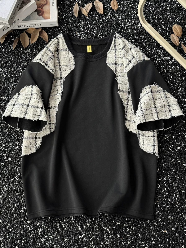 Áo thun ngắn tay kiểu chắp vá phong cách Chanel dành cho nam, thiết kế rộng rãi mùa hè, áo thun nửa tay, mát mẻ và sành điệu, áo cổ tròn giả hai mảnh.