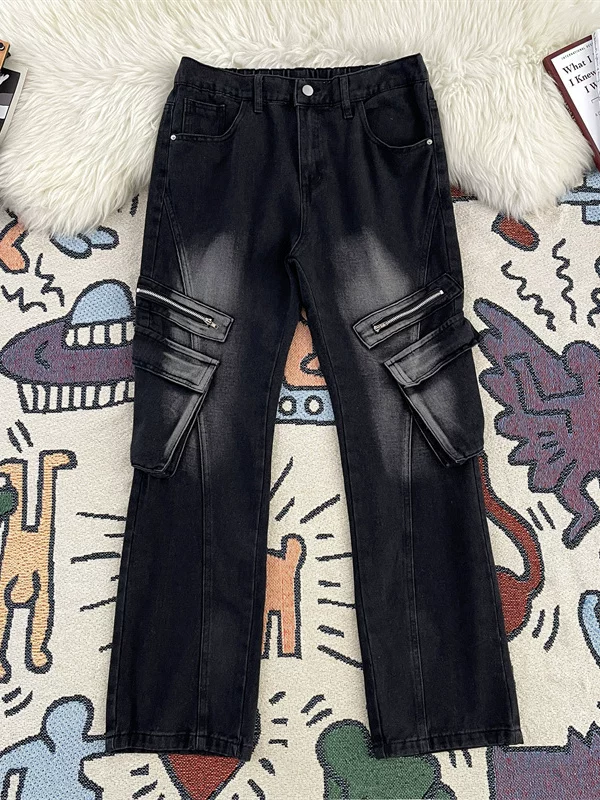 Quần jean nam túi lớn, phong cách retro Mỹ, thương hiệu thời thượng, quần ống rộng dáng suông, phong cách đường phố cá tính, quần dài hơi loe.