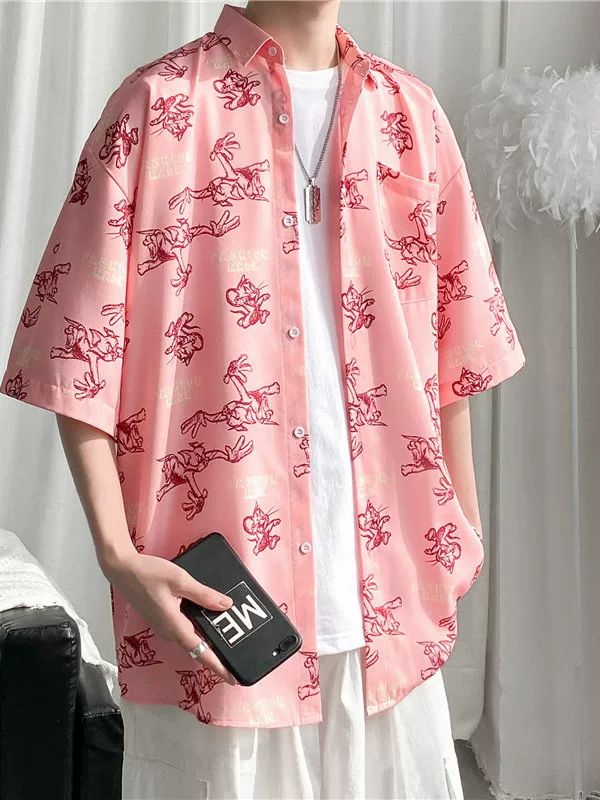 Áo sơ mi ngắn tay in họa tiết phong cách Hồng Kông, áo sơ mi nửa tay thường ngày mùa xuân hè, áo kiểu dáng rộng rãi dành cho nam giới