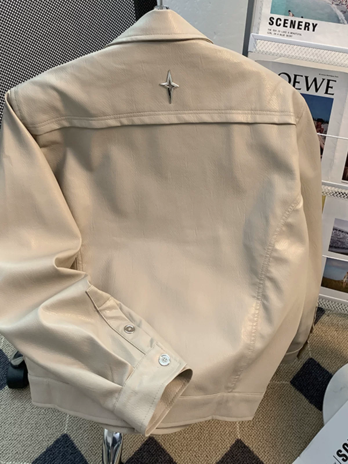 Áo khoác da thiết kế phá cách dành cho nam, phong cách Mỹ thời thượng mùa xuân thu, áo khoác da PU cá tính, dáng rộng, cổ lật, kiểu áo khoác biker.