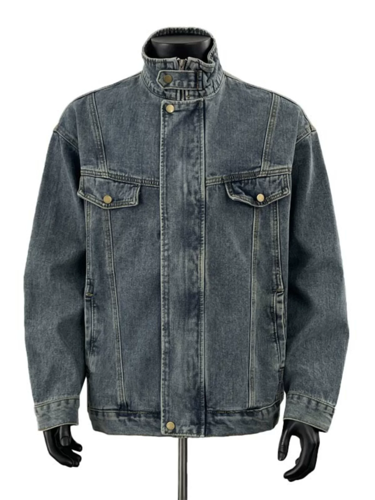 Áo khoác denim nam Xuân 2025, áo khoác cổ đứng dày dặn, kiểu dáng rộng rãi, thời thượng, phong cách Mỹ cao cấp.