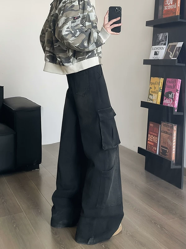 Quần jean công sở nhiều túi dành cho nam, quần ống cong cleanfit mùa xuân, quần ống rộng dài chạm sàn phong cách Mỹ thời thượng.