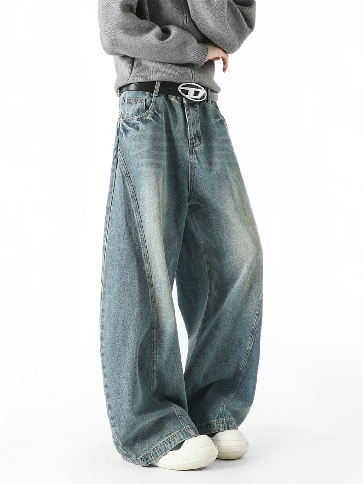 Quần jeans nam phong cách Mỹ hip-hop, quần dài ống rộng dáng suông, chất liệu vintage, xu hướng thu đông.