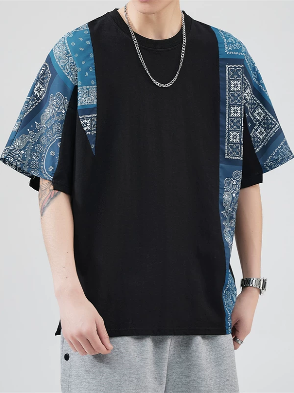 Áo thun nam tay ngắn phong cách dân tộc, kiểu dáng rộng rãi thời trang, phối họa tiết, chất liệu cotton nguyên chất, đa năng, mặc hè.