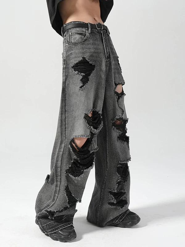 Quần jean rách cho nam, thương hiệu thời thượng mùa thu, dáng rộng, quần ống rộng cổ điển, phong cách đường phố Mỹ, quần ống đứng dài chạm sàn.