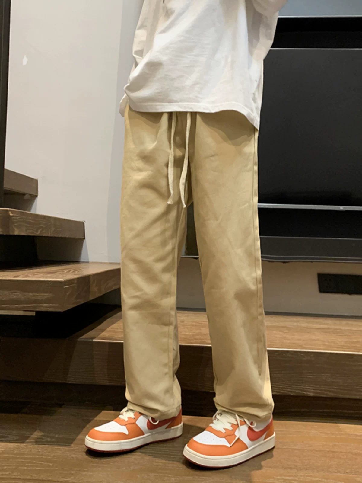Quần ống suông có dây rút dành cho nam, quần ống rộng phong cách cityboy Nhật Bản mùa xuân thu, quần dài công sở đơn giản dành cho thanh thiếu niên.
