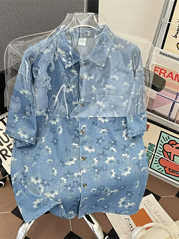 Áo sơ mi denim kiểu cổ điển Nhật Bản dành cho nam, áo sơ mi ngắn tay in hoa, áo khoác dáng rộng hợp thời trang mùa hè.