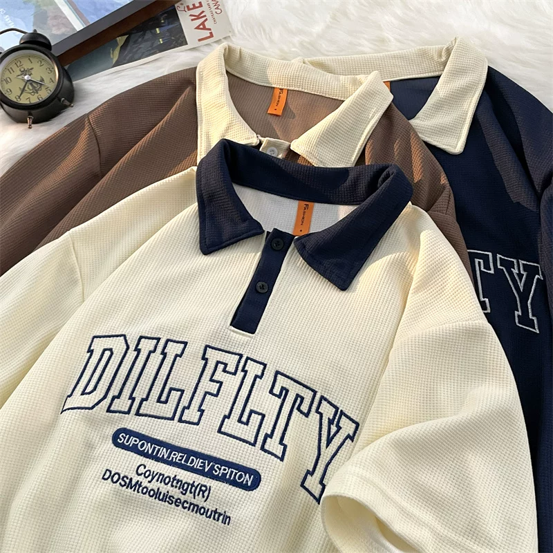 Áo polo retro Mỹ dành cho nam, tay ngắn, thương hiệu thời trang mùa hè, áo thun dệt kim waffle, dáng rộng, đa năng, phong cách cặp đôi, tay áo lửng.